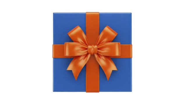 Festive Christmas blue gift box with orange ribbon and bow, PNG file. - Powered by Adobe