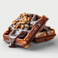 Chocolate waffle walnut dessert sweet syrup breakfast snack indulgent delicious gourmet treat isolated food