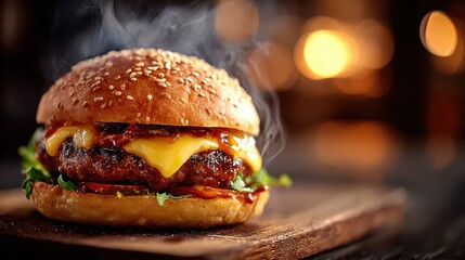 Delicious steamy burger with melted cheese on a wooden board. Use this image to promote restaurant, food or cooking concepts.