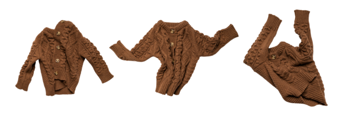 Brown knitted wool sweater, cardigan with buttons isolated on transparent background. With clipping path. Cut-out clothing item for design, advertising, mockup. Warm children's pullover, png object