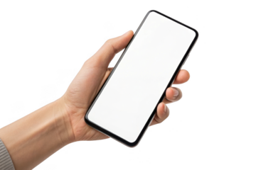 Hand holding a modern smartphone with a blank screen isolated on transparent background