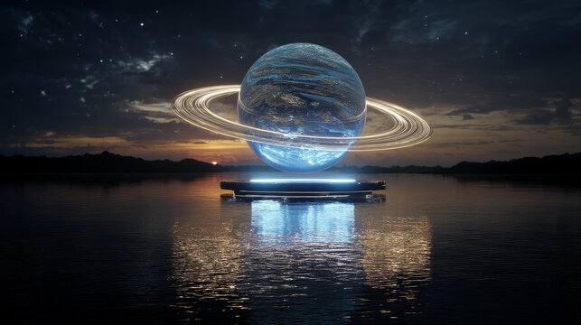 Holographic projection of a 3D planet from a floating AI device. digital technologies, artificial intelligence - Powered by Adobe
