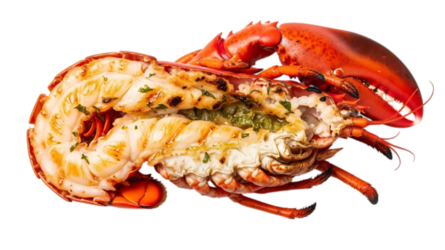 Grilled Maine Lobster Cut in Half Isolated on Transparent Background ready for a gourmet recipe concept
