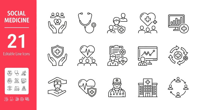 Social Medicine Icon Set Healthcare, Community, and Medical Illustrations for Various Applications