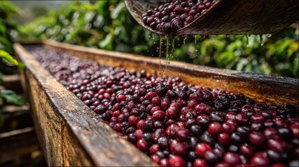 Freshly picked coffee cherries are processed in a wooden washing channel. Show the stages of coffee processing from farm to the cup.