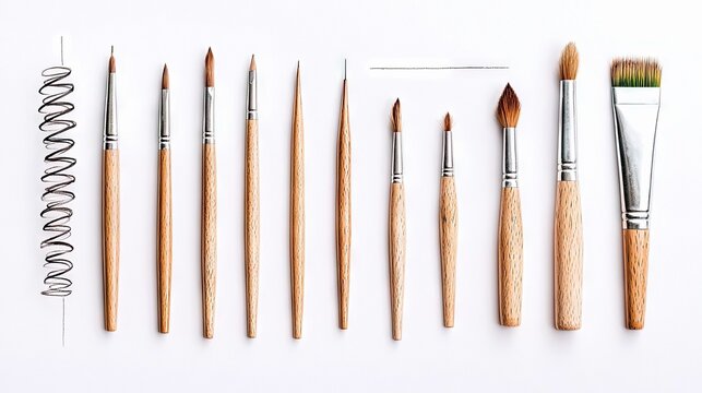 A collection of paint brushes with wooden handles arranged on a white background, viewed from above.
