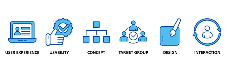 User interface design banner web icon set In Blue Style vector illustration foricon of user experience, usability, concept, target group, design and interaction