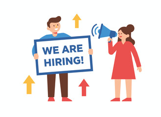 Male and female HR managers announce a vacancy, holding a placard that reads “We are hiring” and speaking into a megaphone in a flat vector illustration, depicting headhunting, recruitment, or