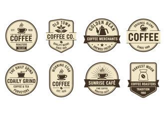 Obraz premium A collection of coffee labels featuring various logos, badges, and emblems on a white background, rendered in black and white illustrations