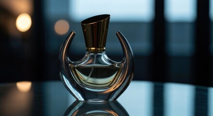 A decorative perfume bottle,  gold cap,  clear glass,  smooth curves,  on a reflective surface,  blurred background