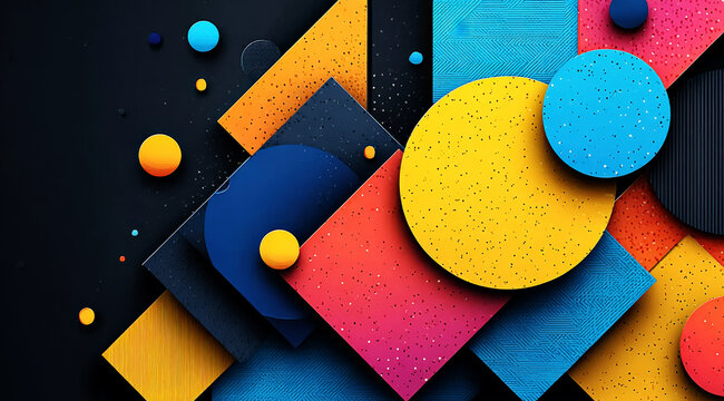 Colorful abstract geometric shapes with various circles and squares