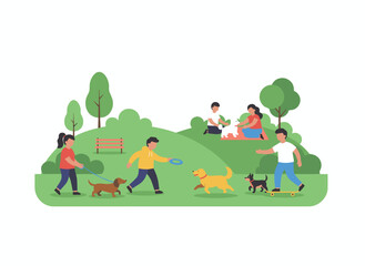 Fototapeta premium Individuals strolling alongside dogs, with pet owners guiding adorable puppies on leashes, featuring characters accompanied by pups, men, women, friends, and couples walking with doggies in a flat
