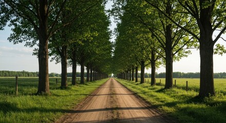 A dirt road, lined with trees, stretches into the distance. Sunlight filters through the leaves, casting shadows on the ground.  Green fields flank the road