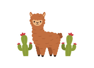 Obraz premium Adorable llama or young llama shown alone against a white backdrop, depicted as a wild South American creature grazing among succulents, representing Andean farm animals, rendered in a bright flat