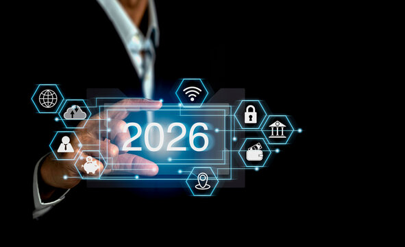 Business professional presenting multiple business-related icons including banking, healthcare, Wi-Fi, global, location, savings, security lock, and cloud.