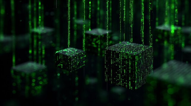 Business background featuring sustainable coding floating cube displaying cascading green matrix style binary rain organic vine like digital cable connecting them dark environment eco friendly