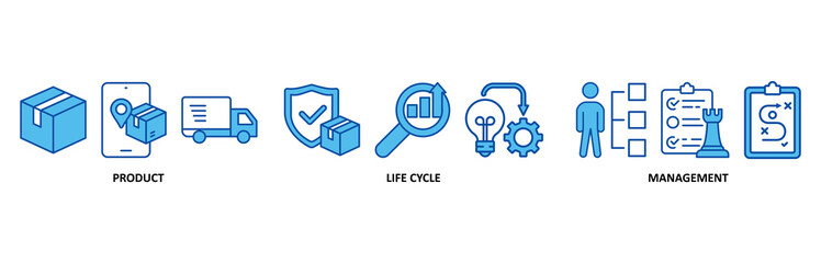 PLM banner web icon set In Blue Style vector illustration forproduct lifecycle management with innovation, development, manufacture, delivery, cycle, analysis, planning, strategy, and improvement icon