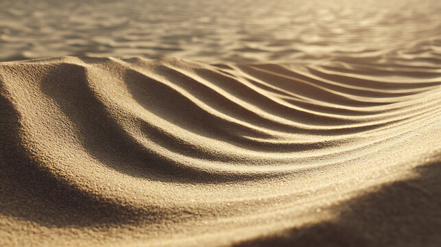 Close-up macro texture of sand dunes with ripple patterns and sunlight shadows, golden desert landscape background