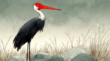 Naklejka premium A beautiful crane standing in a natural grassy area