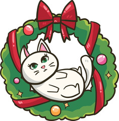 Naklejka premium christmas cat and wreath