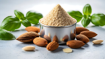 Almond flour in a silver container surrounded by almonds and basil leaves on a light blue surface