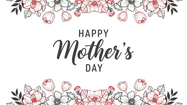 Elegant Mother's Day greeting card with decorative floral borders featuring red and grey line art flowers on a white background. - Powered by Adobe