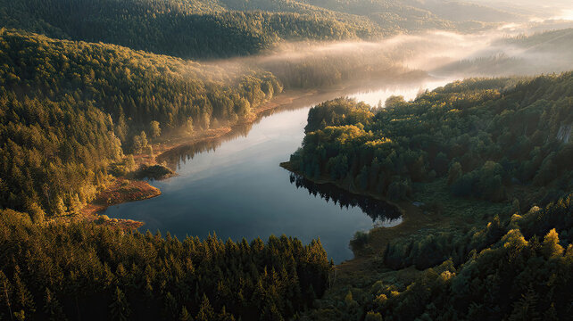 AI Generated - River winding through a lush green forest, with trees on either side of the river and hills in the background. Professional stock photography. Stock photo. High-resolution. High-res.