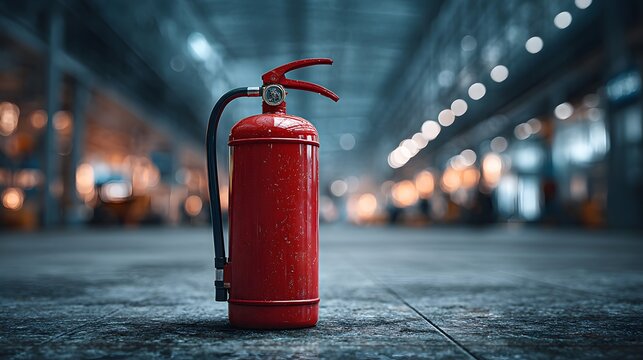 Red fire extinguisher standing on a shiny floor against a blurred modern corporate office background, representing safety and emergency.