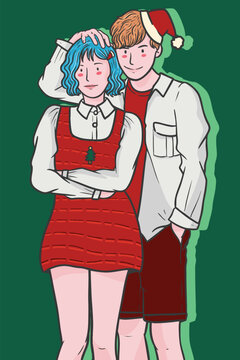 young couple wearing christmas ootd illustration