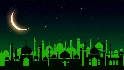 Glowing crescent moon illuminates silhouette of islamic city skyline under starry night sky