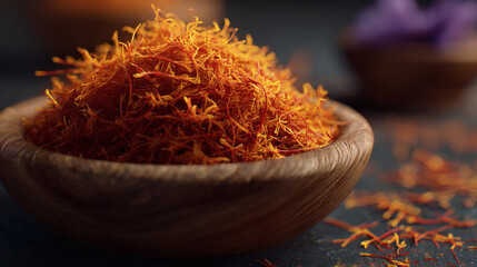 Fototapeta premium Close-up of vibrant saffron threads piled high in a rustic wooden bowl, a precious spice for cooking and flavor.