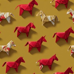 Geometric Origami Horse Pattern with Folded Red Paper Horses on Gold Background