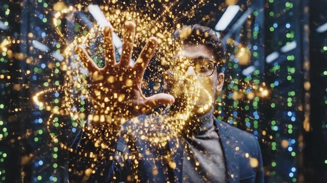 Data scientist exploring digital code matrix. Asian man in futuristic lab manipulating holographic data visualization. Advanced AI and big data innovation concept.