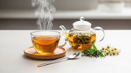 Fototapeta premium Comforting hot herbal tea in a glass teapot and cup with rising steam, surrounded by fresh chamomile, ready for a relaxing moment in a bright studio.