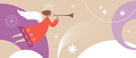 Christmas card. Christmas Angel with Horn . Christmas Angel Blowing Trumpet . Greeting card. Horizontal Merry Christmas card, banner and poster design.	
