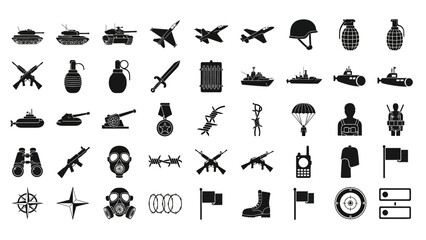 Set of monochrome military icons, a comprehensive collection of army equipment, warfare symbols, and soldier silhouettes in a vector illustration format