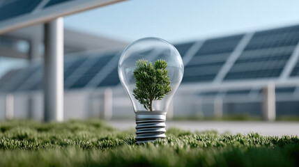 Light bulb with small green tree inside symbolizes eco friendly energy, sustainability, and innovation in renewable solar power technology