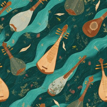 Serene Harmony: Chinese Musical Instruments Pattern with Flowing Ribbons in Elegant Illustration Style