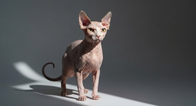 A sphinx cat, light-pink, stands in studio light