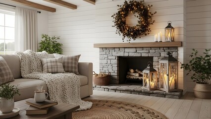Interior shows rustic living room with wreath and fireplace. Perfect for holiday designs, cozy homes, or seasonal posters.