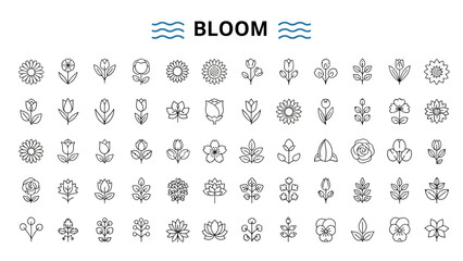 Collection of Simple Bloom Icons Flowers, Blossoms, and Floral Line Art Designs