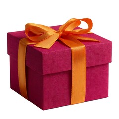Obraz premium Magenta gift box with orange ribbon isolated on white background