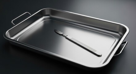 A stainless steel tray, likely surgical, holding a scalpel