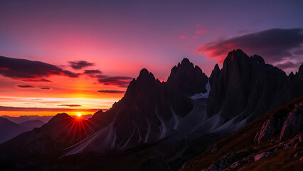 Dramatic mountain peaks silhouetted against a vibrant sunset sky