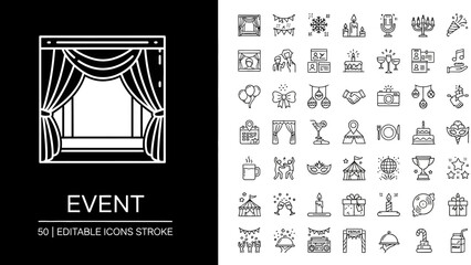 Event management and celebration thin line icon set, a comprehensive collection of party and festival vector symbols for graphic design projects