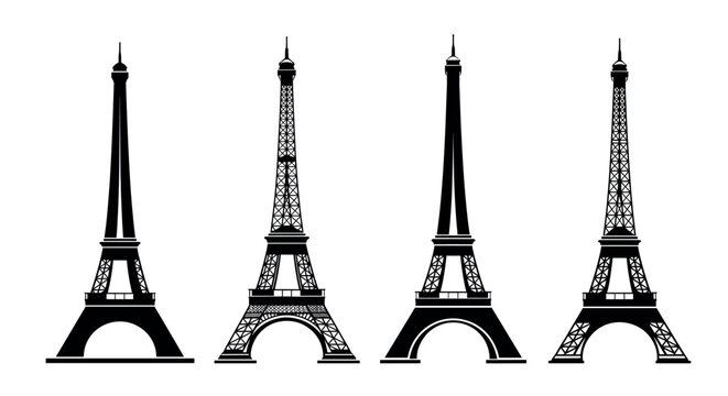 Four different black silhouette variations of the iconic Parisian Eiffel Tower structure, a famous French landmark vector illustration design perfect for travel, architecture, and monument concepts.