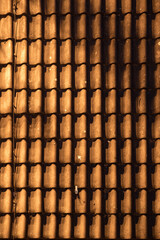 Sunlit terracotta tiled roof with cable and clothespin, Bern, Switzerland