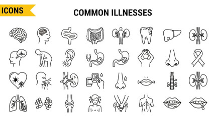 Common Illnesses Line Art Icons Brain, Intestine, Kidney, Tooth, and More