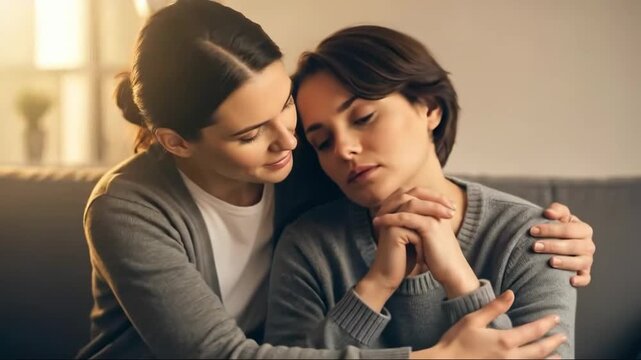 Woman comforting sad young woman at home, concept of support, friendship, empathy, and emotional help