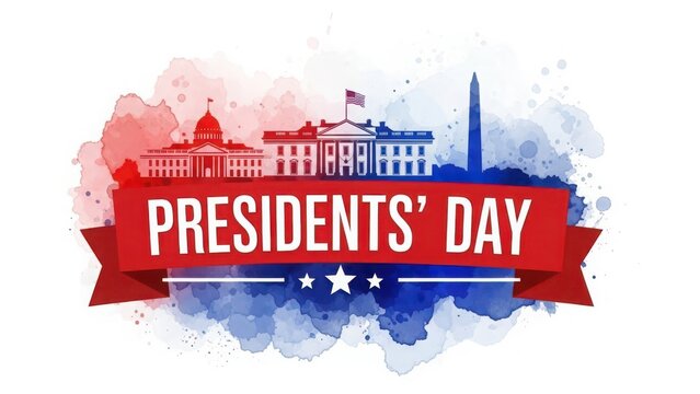 Presidents day celebration with us landmarks and watercolor splash isolated on white background - Powered by Adobe